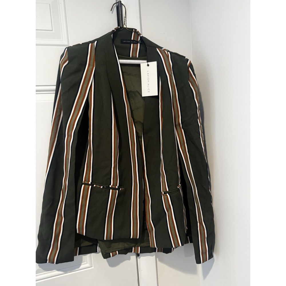 Lavish Alice Green Cape Blazer Jacket‎ Brown stripes Women's US 6/UK 10 Nwt